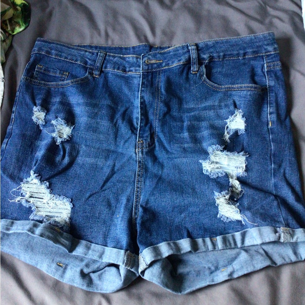 SHEIN Blue Distressed Rolled-Cuff Jean Shorts